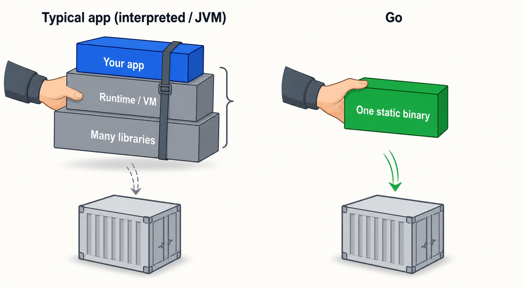 Go ships one binary; other apps ship app plus runtime