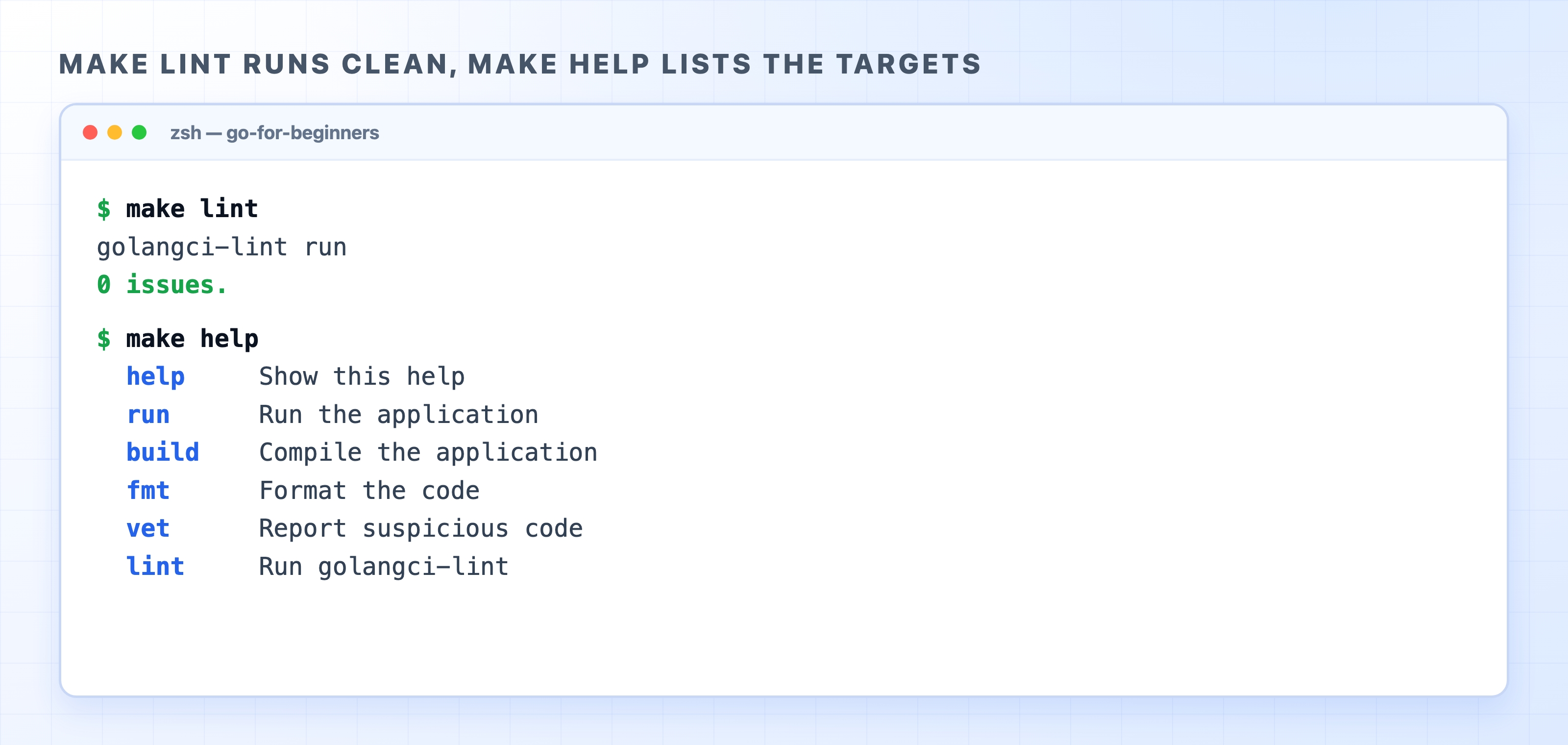 make lint runs clean and make help lists targets