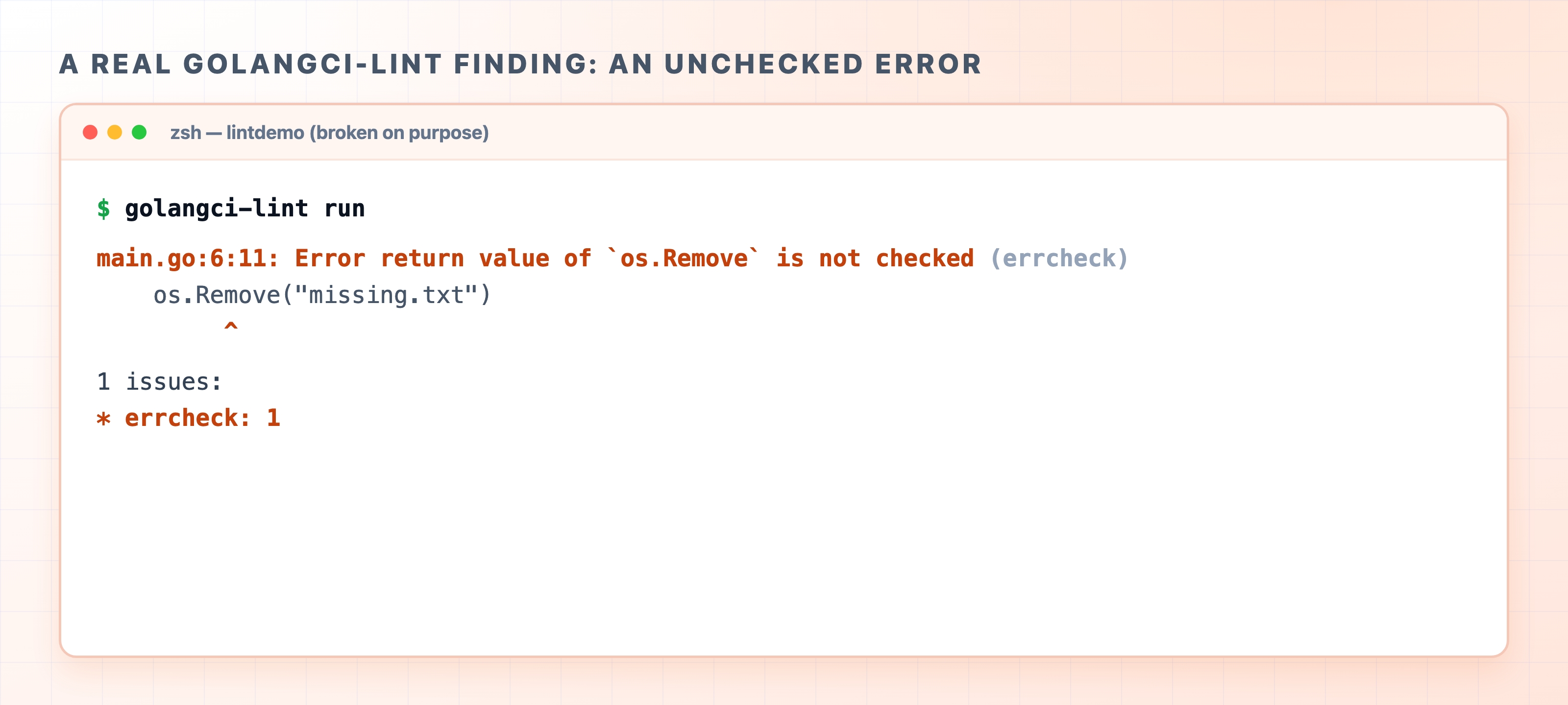 A real golangci-lint finding for an unchecked error