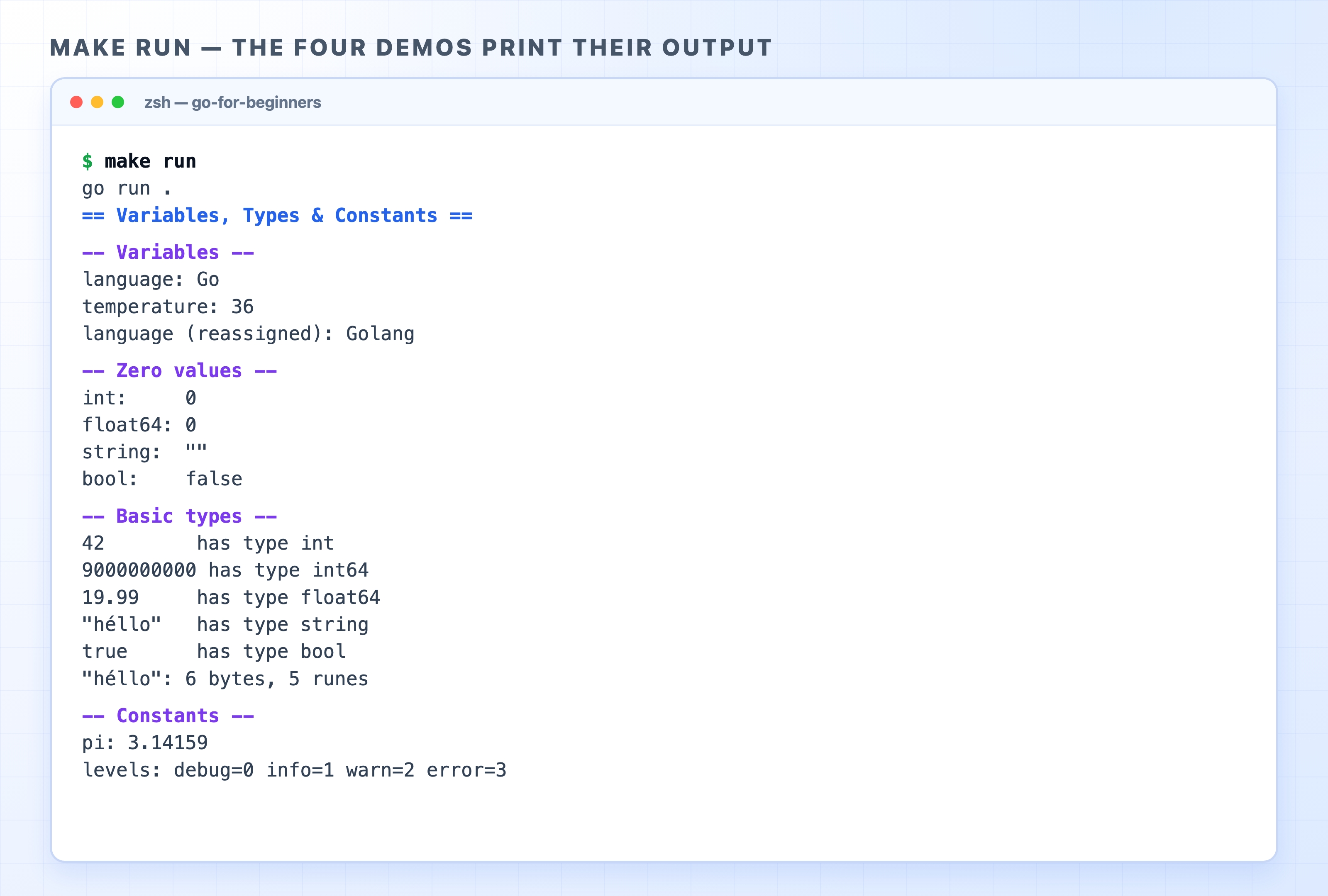 make run prints output from the four demo functions
