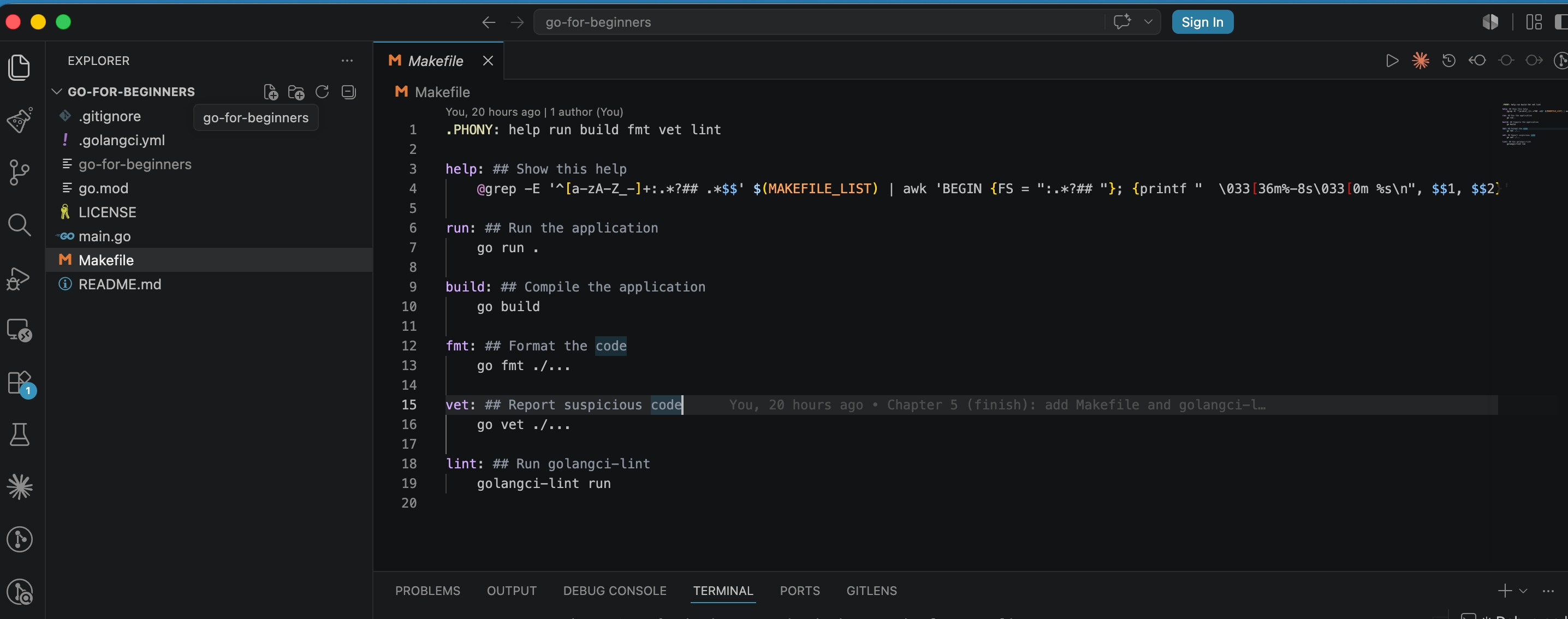 The Makefile open in VS Code showing its targets