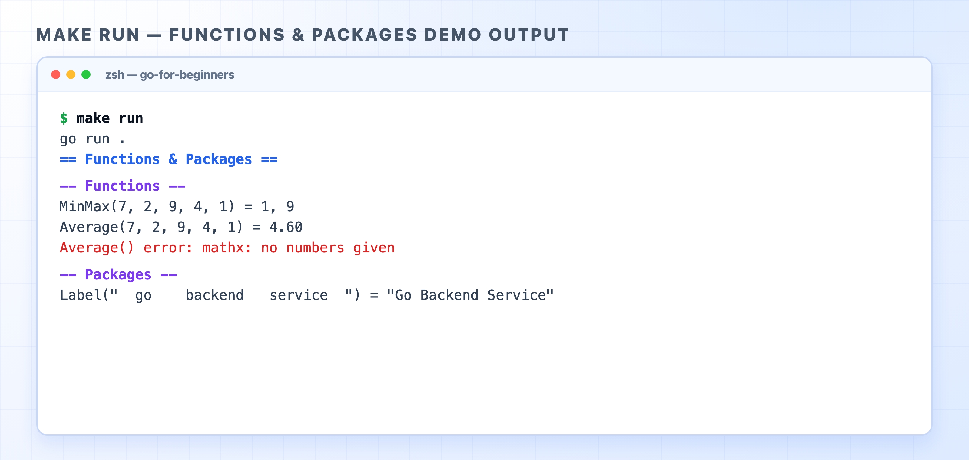 make run output showing the functions and packages demo