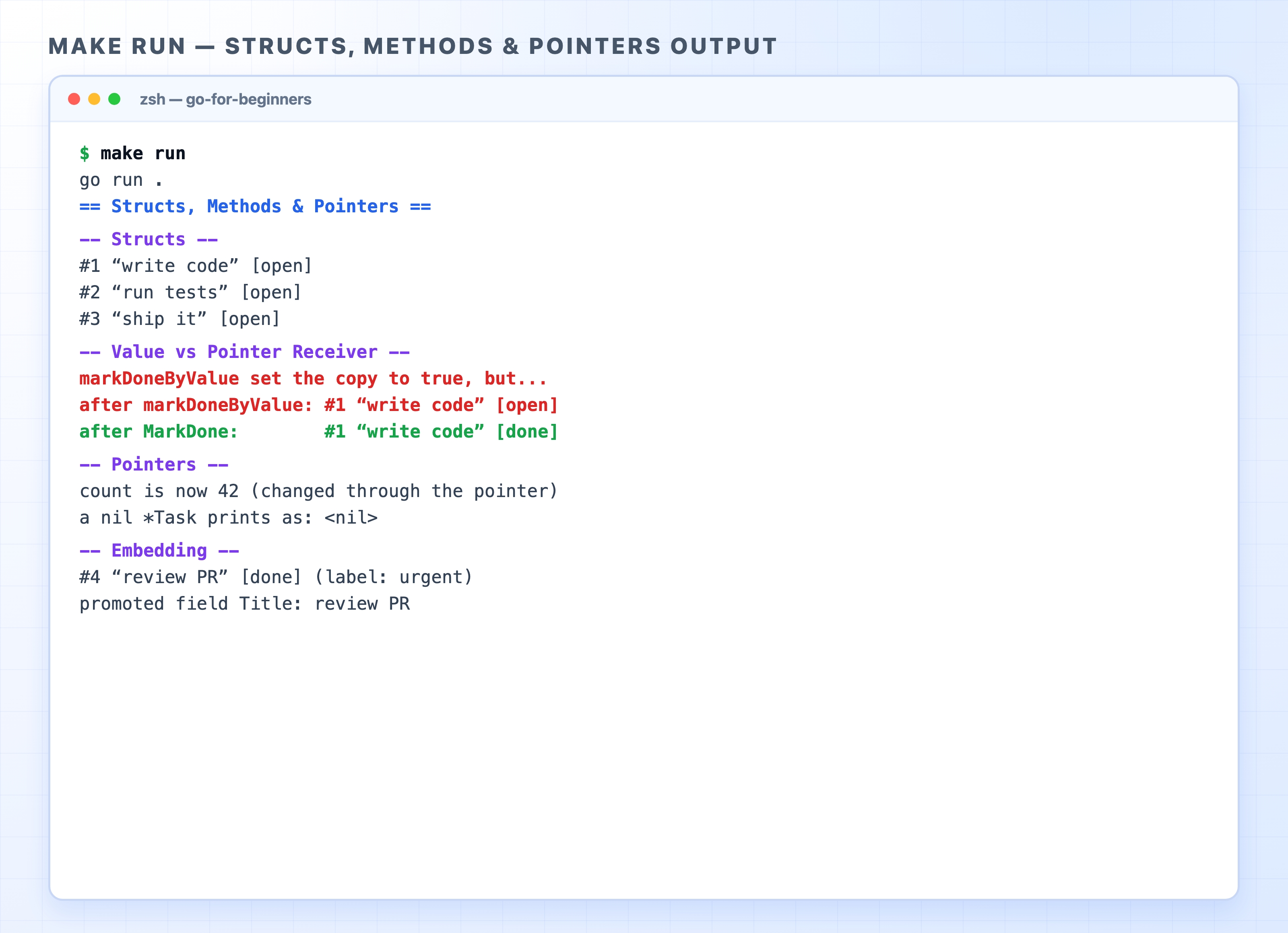 make run output for the structs methods and pointers demos
