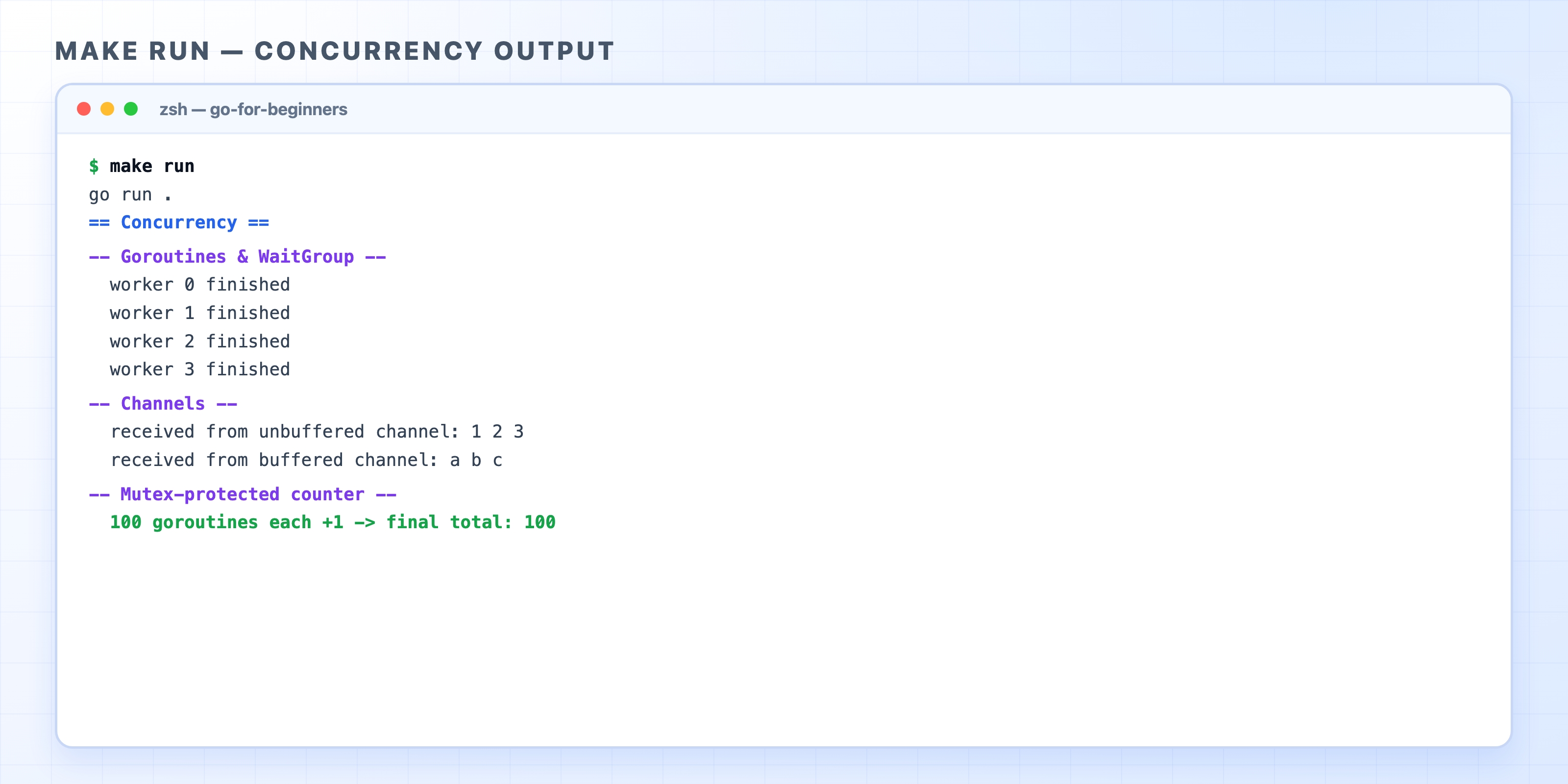 make run output showing the concurrency demo section
