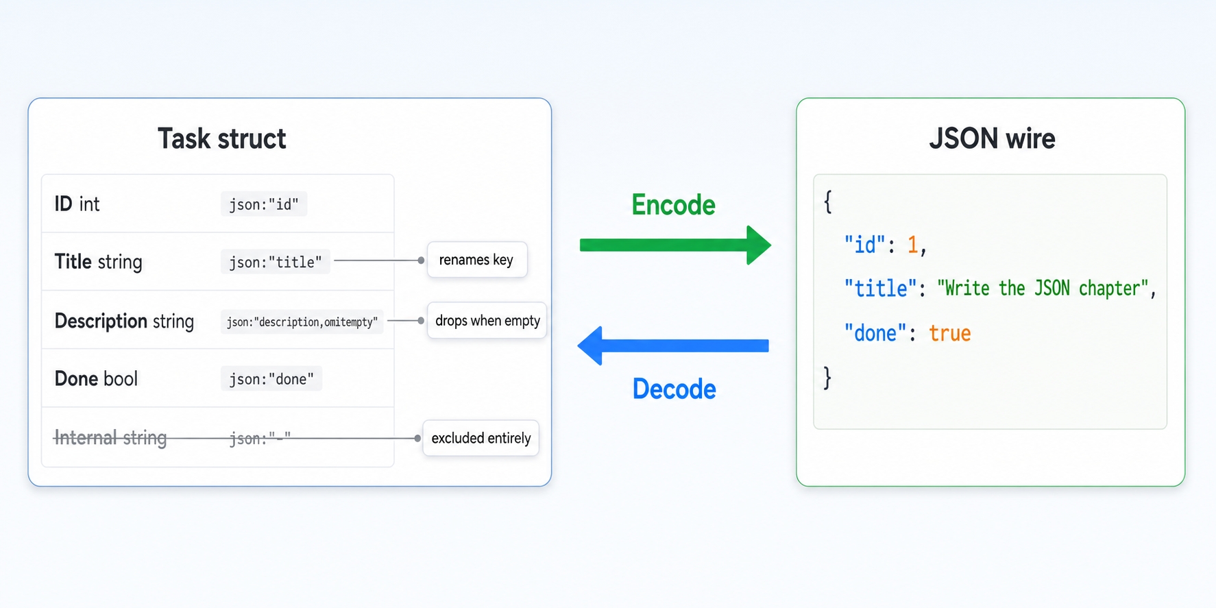 Go Task struct fields mapped to JSON wire format with struct tags