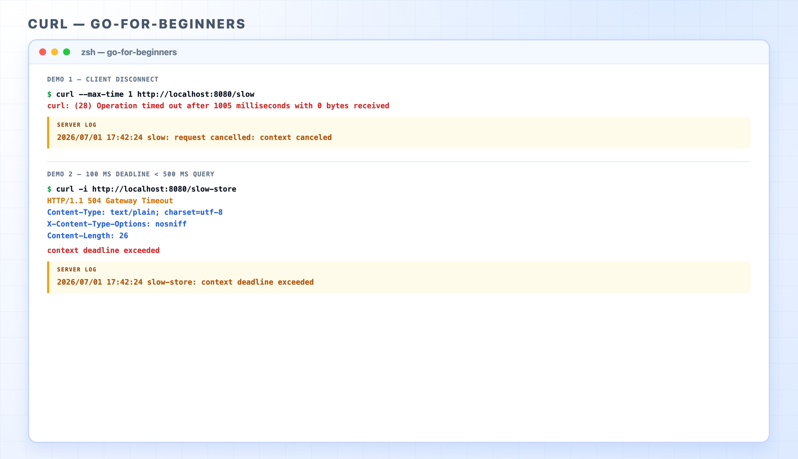 Terminal showing slow handler cancellation and deadline exceeded responses