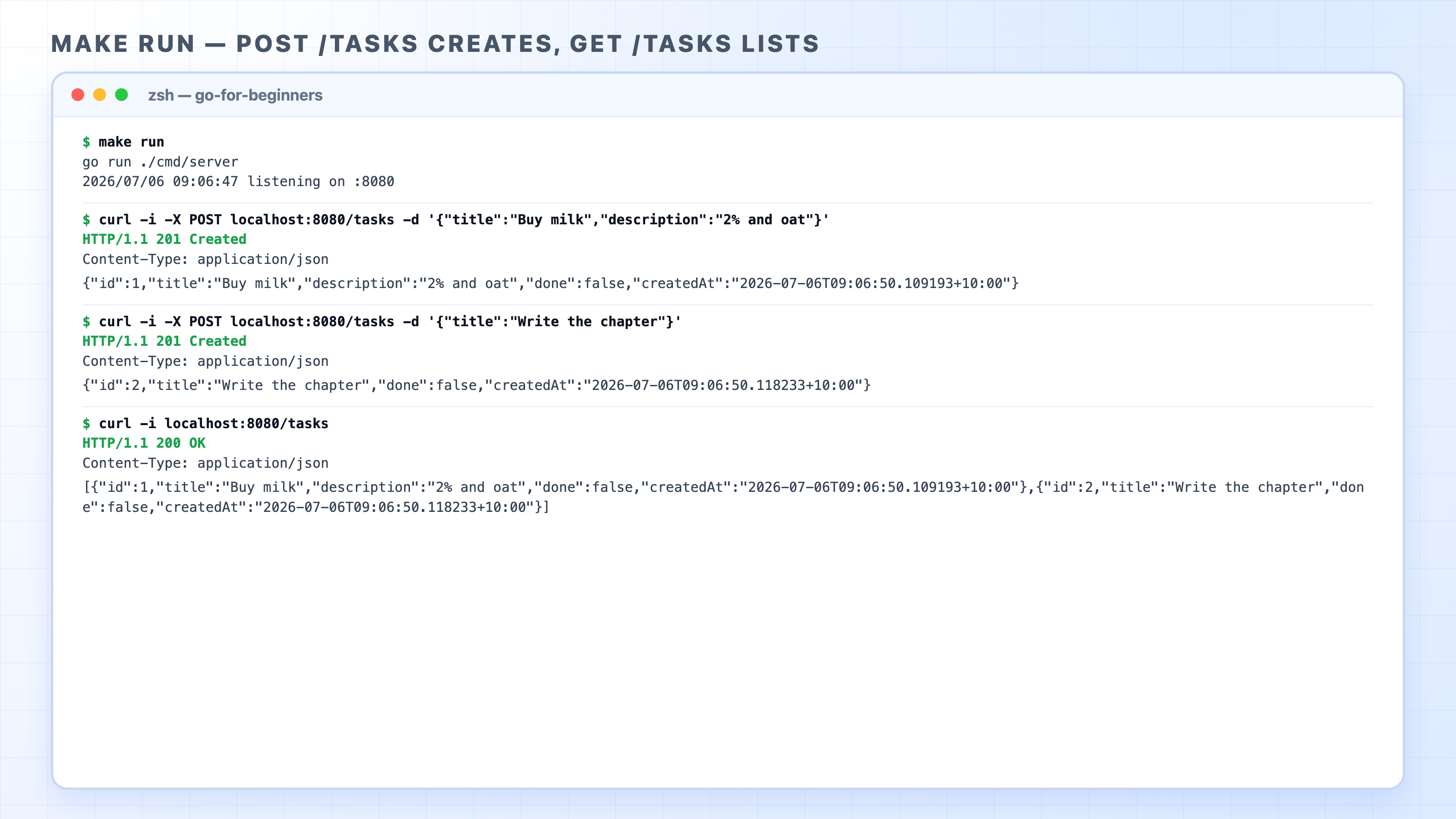 Terminal showing POST /tasks creating tasks and GET /tasks listing them