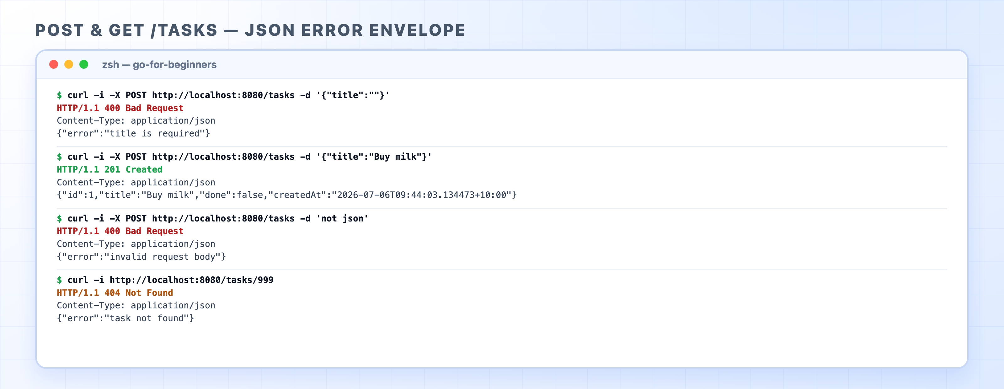 Terminal showing the JSON error envelope for four requests