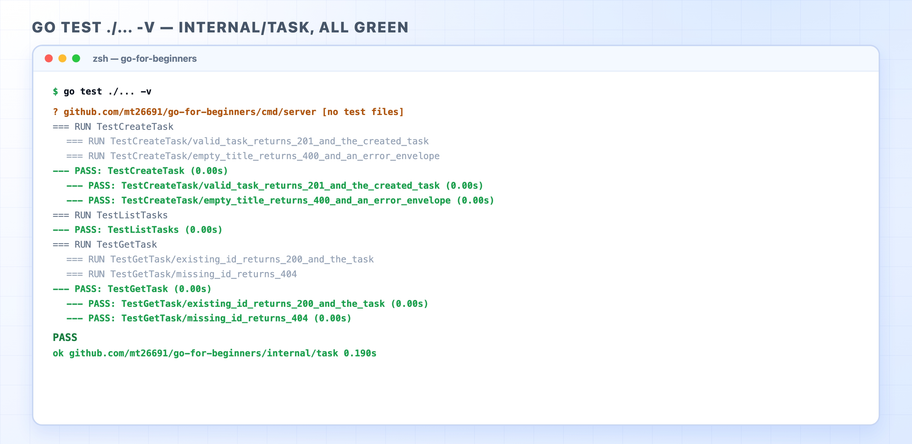 A green go test run with named subtests