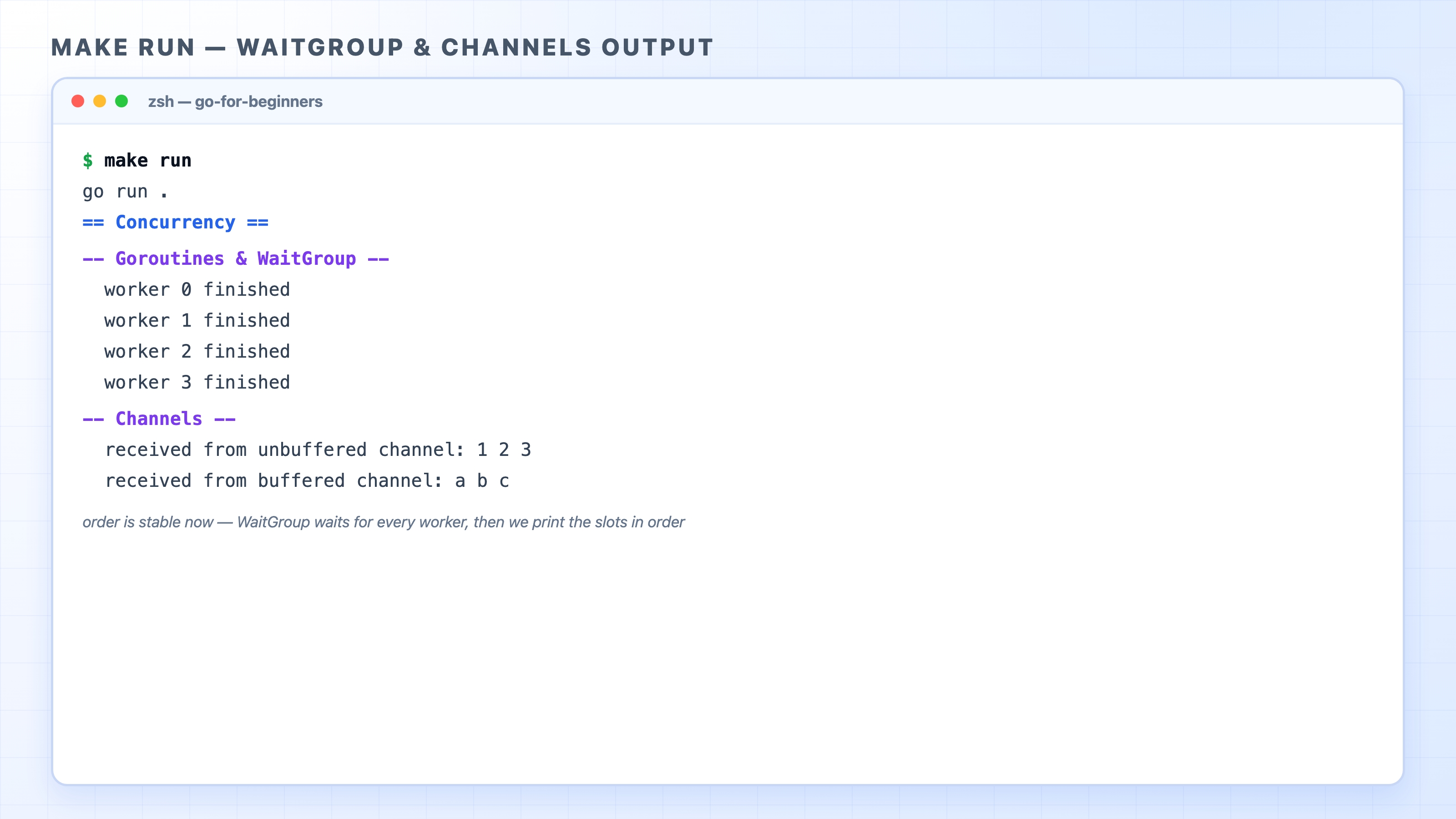 Stable make run output for the WaitGroup and channels demo