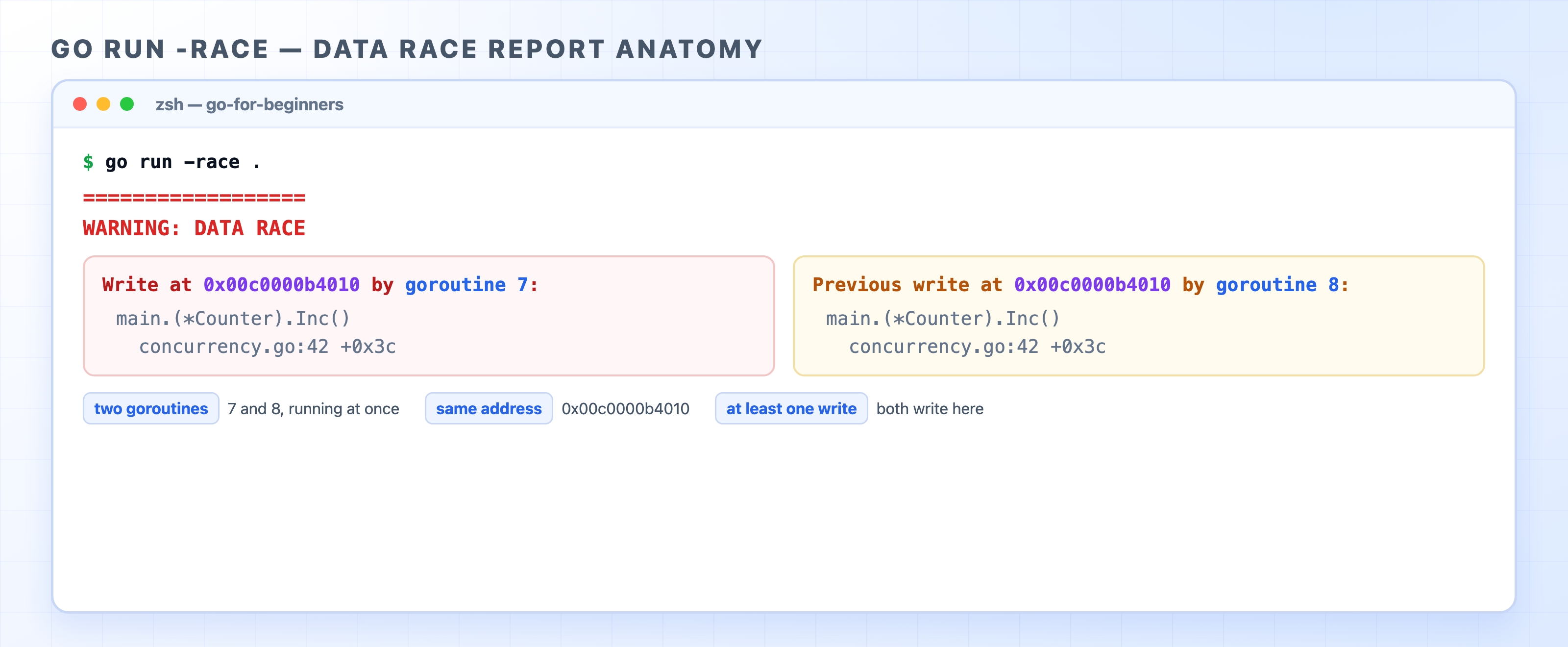 Anatomy of a go run -race DATA RACE report with two conflicting writes