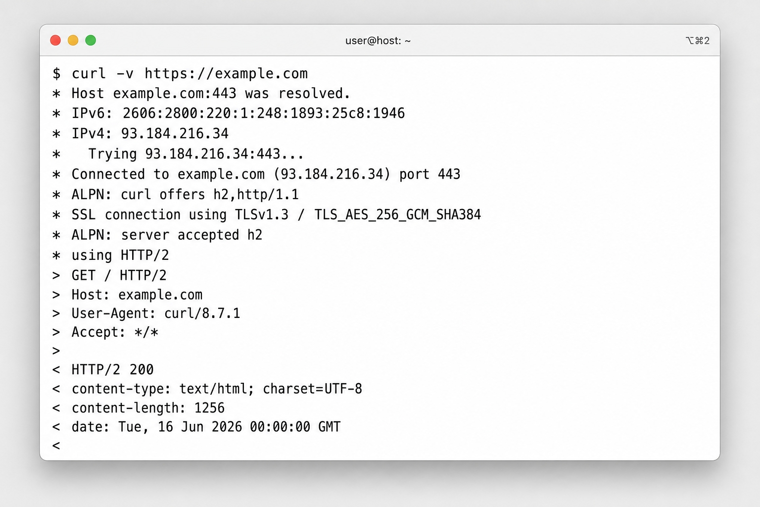 curl -v showing the request lines and the response lines