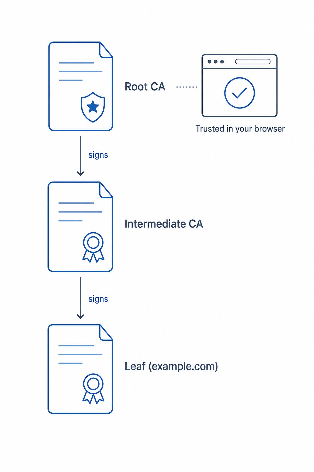 The certificate chain of trust from leaf to intermediate to root