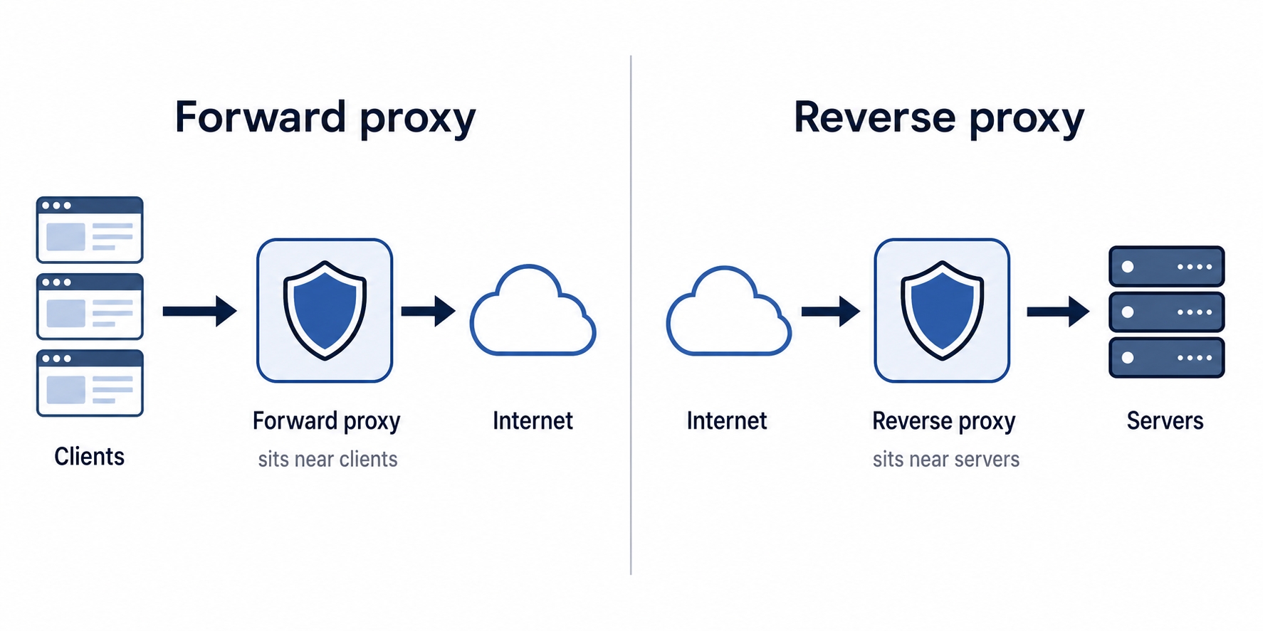 A forward proxy sits near clients while a reverse proxy sits near servers