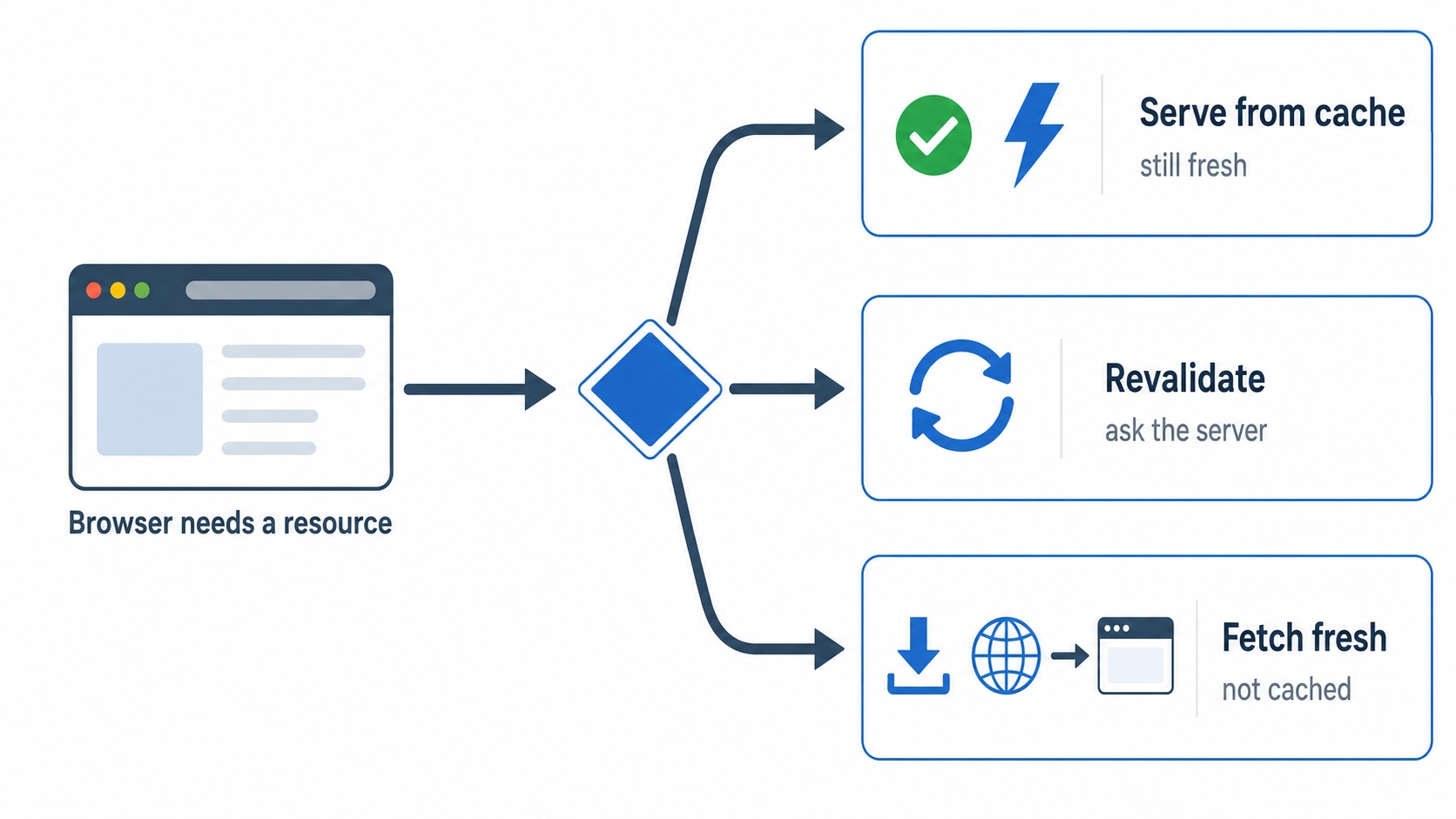The browser's three-way choice to serve from cache or revalidate or fetch fresh