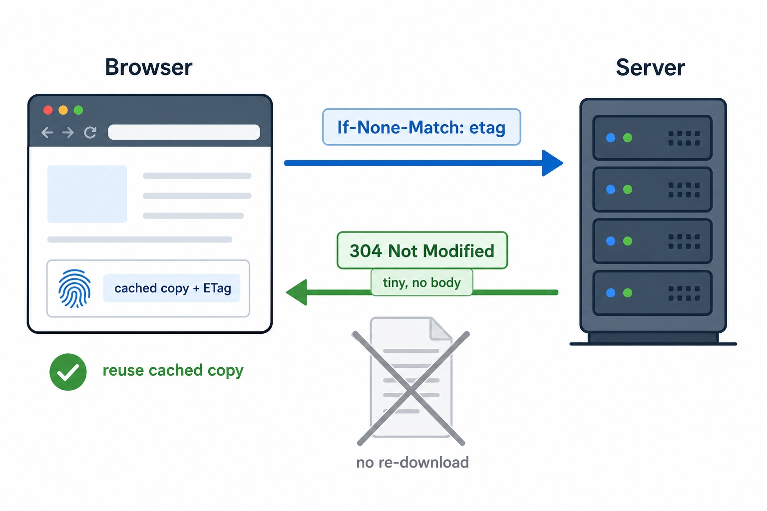 Browser sends If-None-Match and the server replies 304 Not Modified with no body