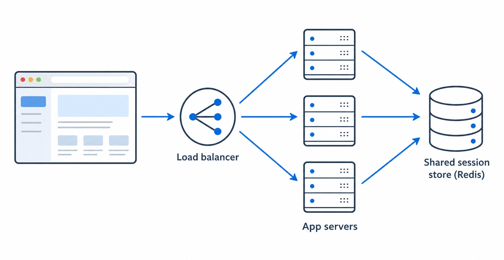 Many app servers share one session store behind a load balancer