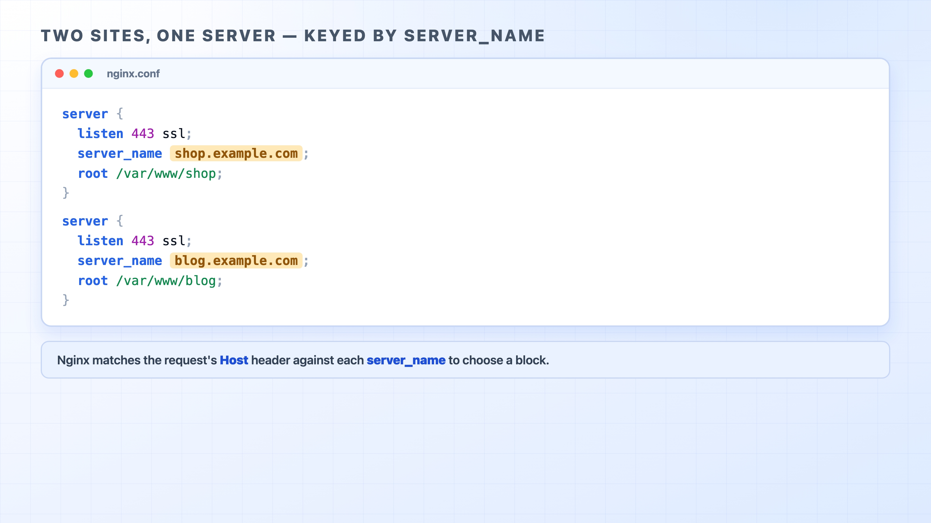 Two Nginx server blocks keyed by server_name on one machine