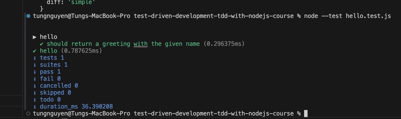 Node.js passing test output - Green phase of TDD