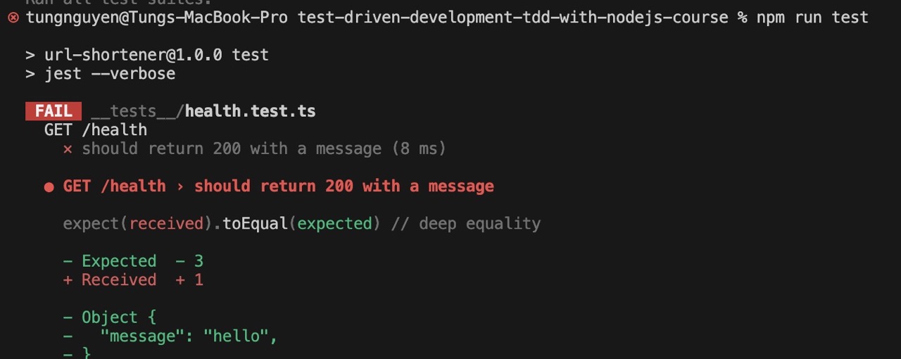 Terminal showing failing health check test with Jest