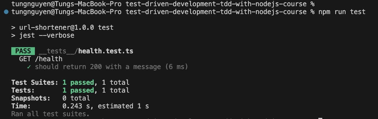 Terminal showing passing health check test with Jest