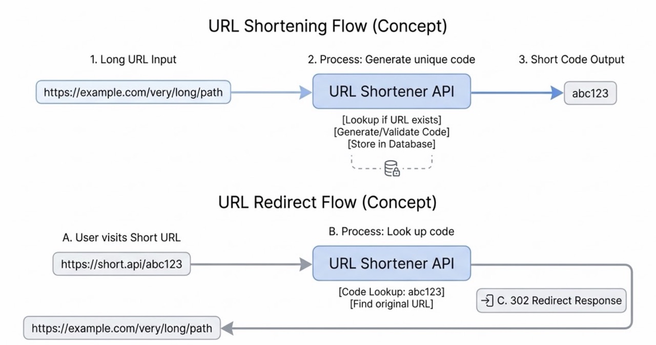 Diagram showing how a long URL maps to a short code and redirects back