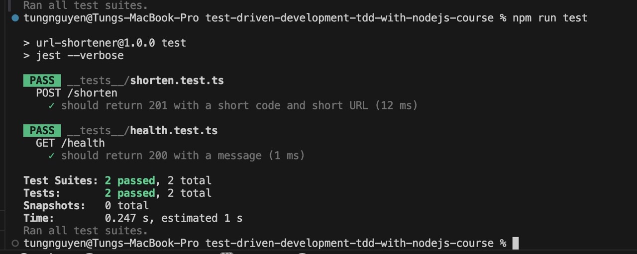 Terminal showing passing POST /shorten test with Jest