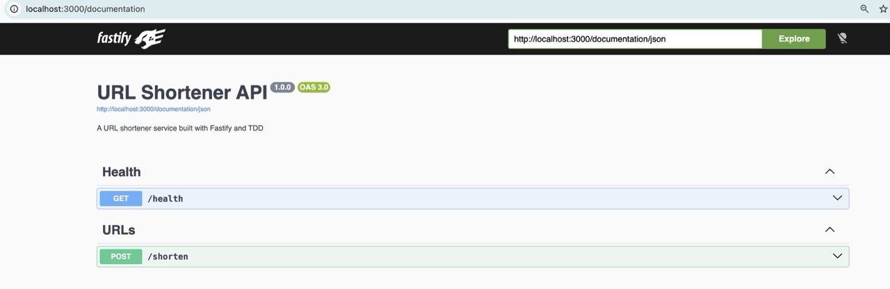 Swagger UI showing the POST /shorten endpoint documentation