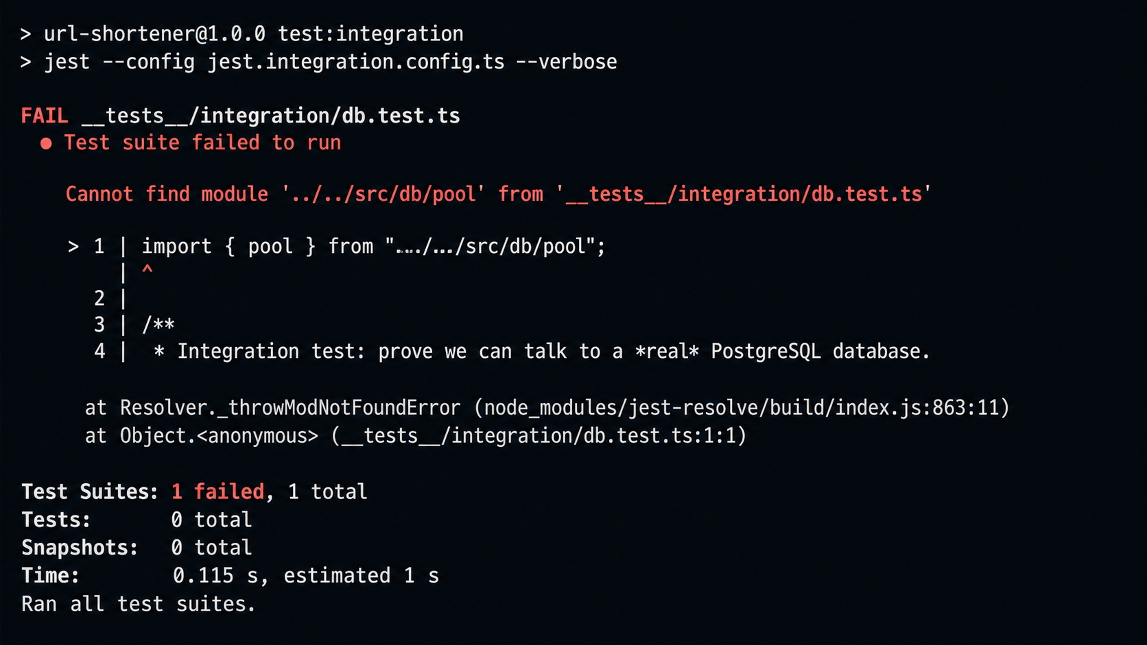 The integration test failing — pool module missing.