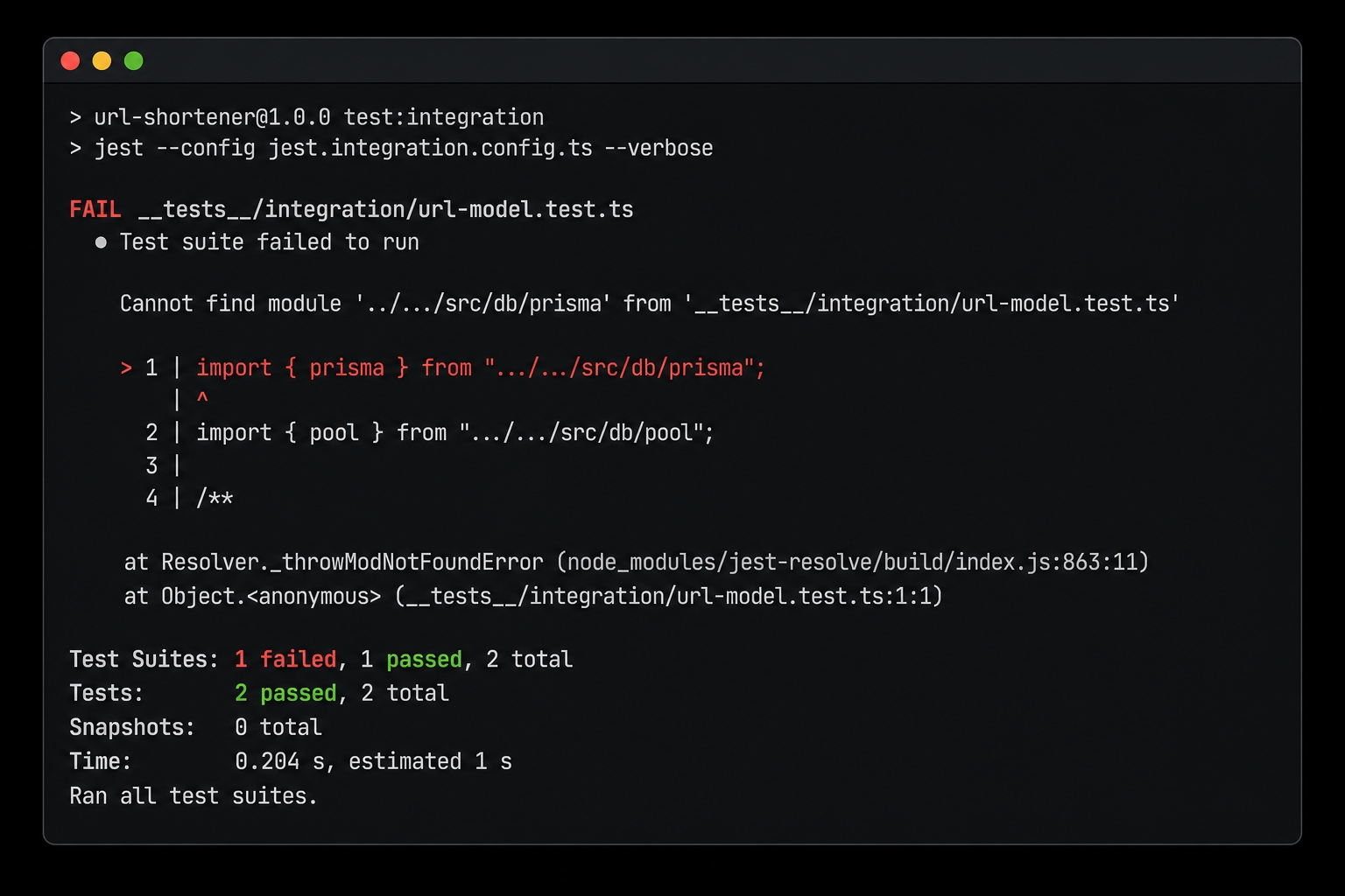 The model test failing — Prisma client missing.