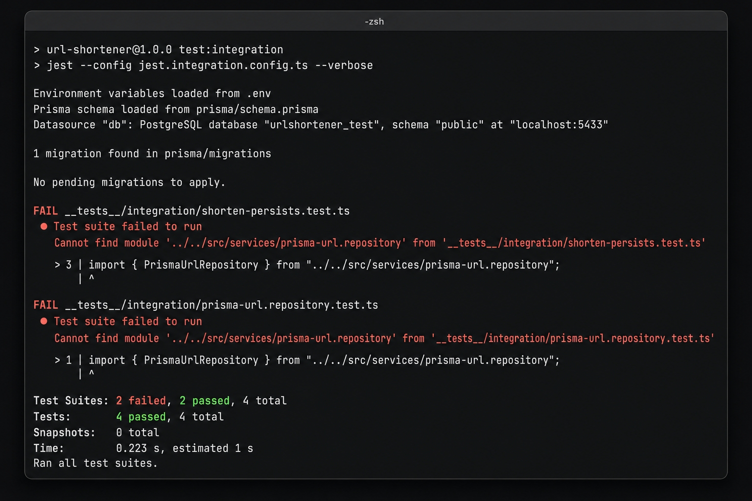 The Prisma repository test failing on the start branch.