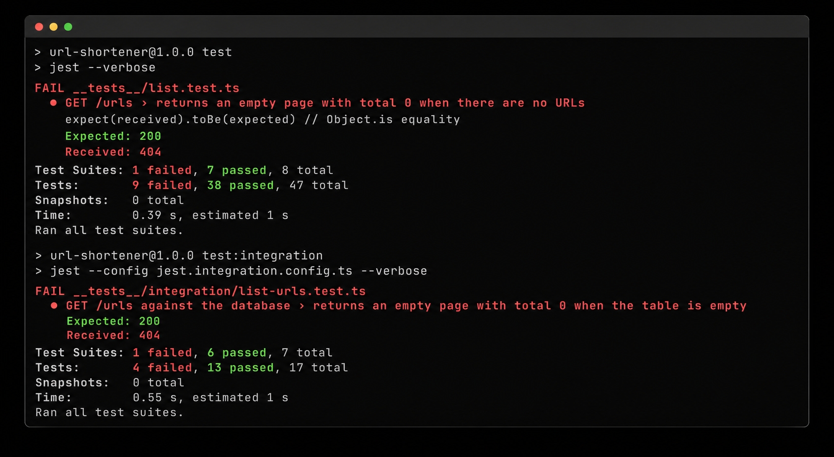 GET /urls swallowed by the catch-all — tests fail.