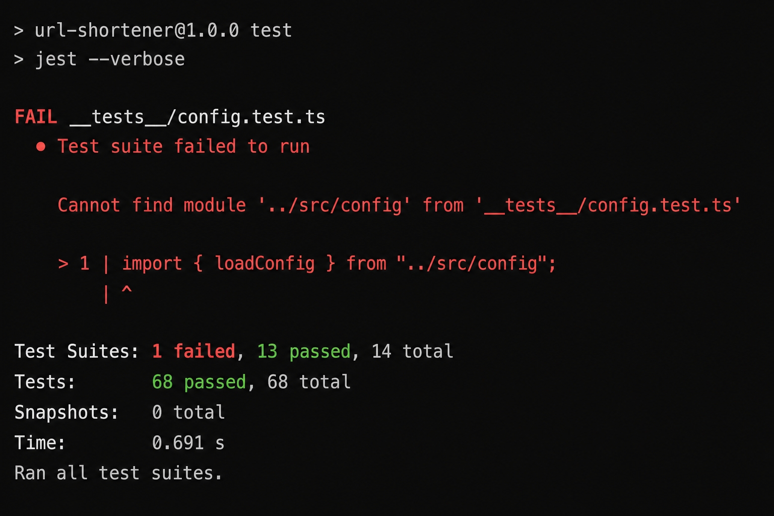 The config test fails — the config module is missing.
