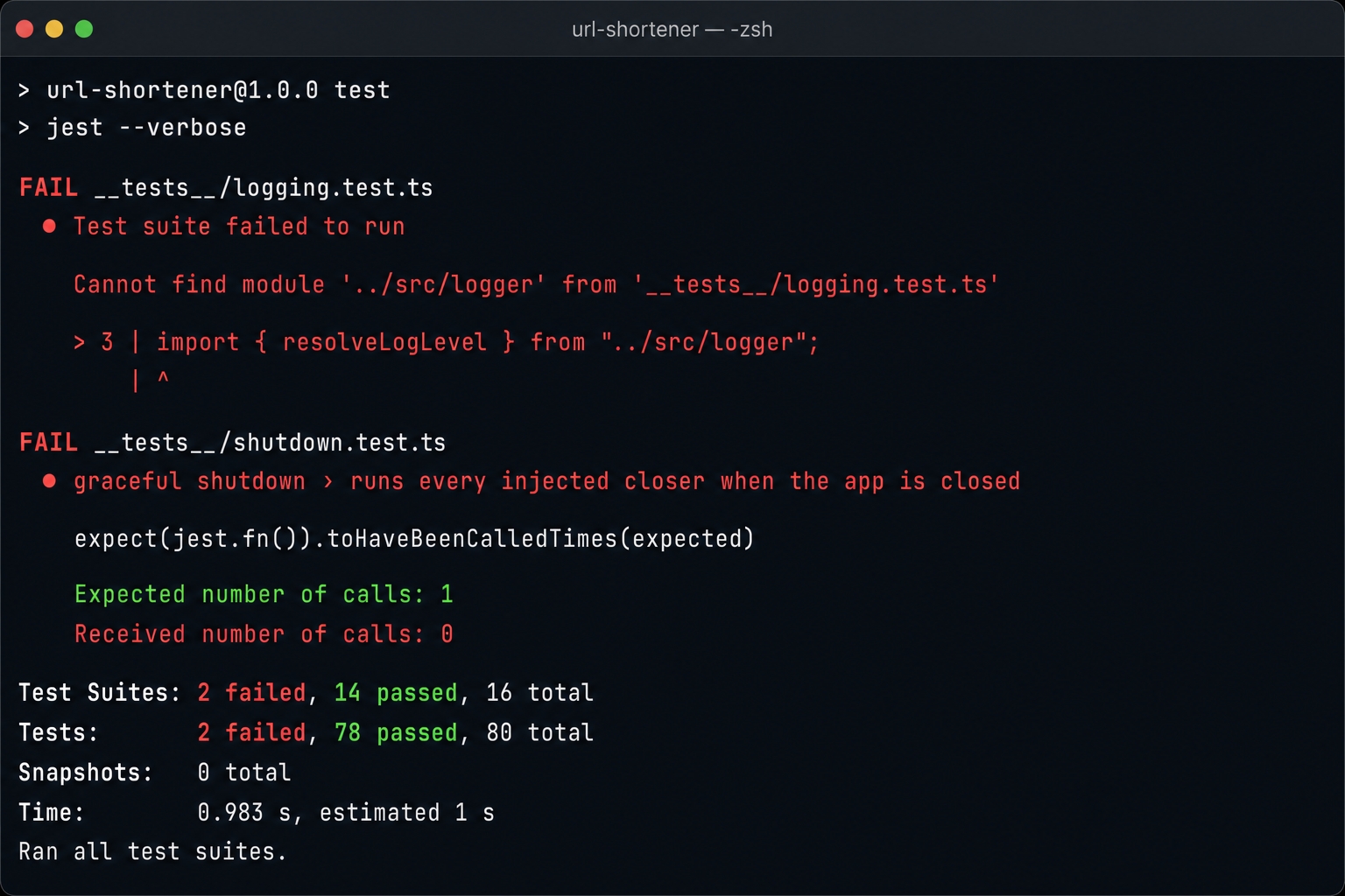 The logger module is missing and the shutdown closers never run.