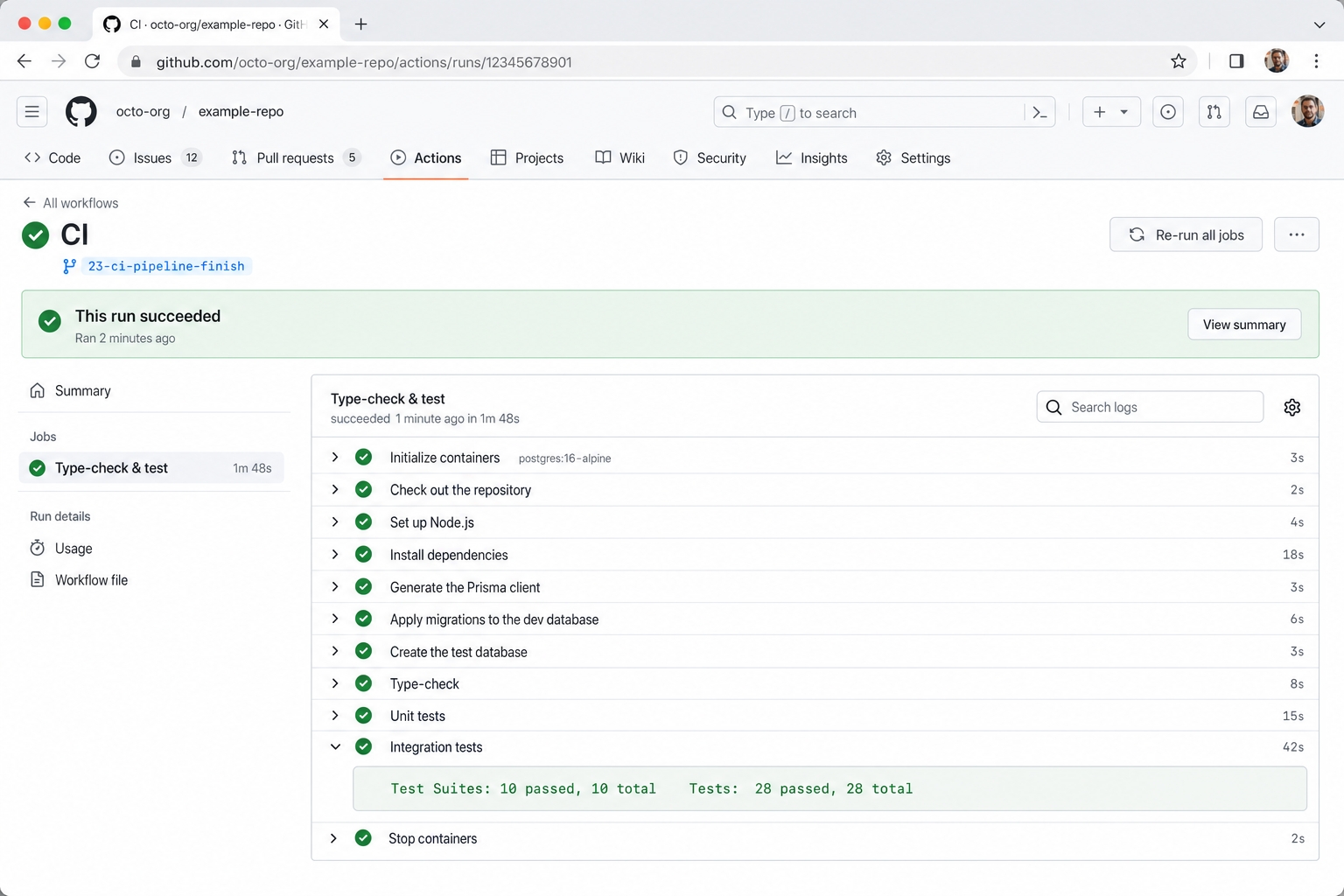 The finish workflow starts Postgres and every step passes.