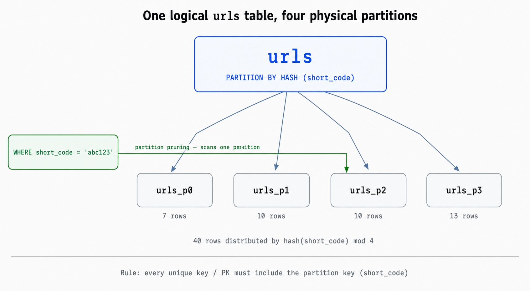 One urls table partitioned by hash into four physical pieces.
